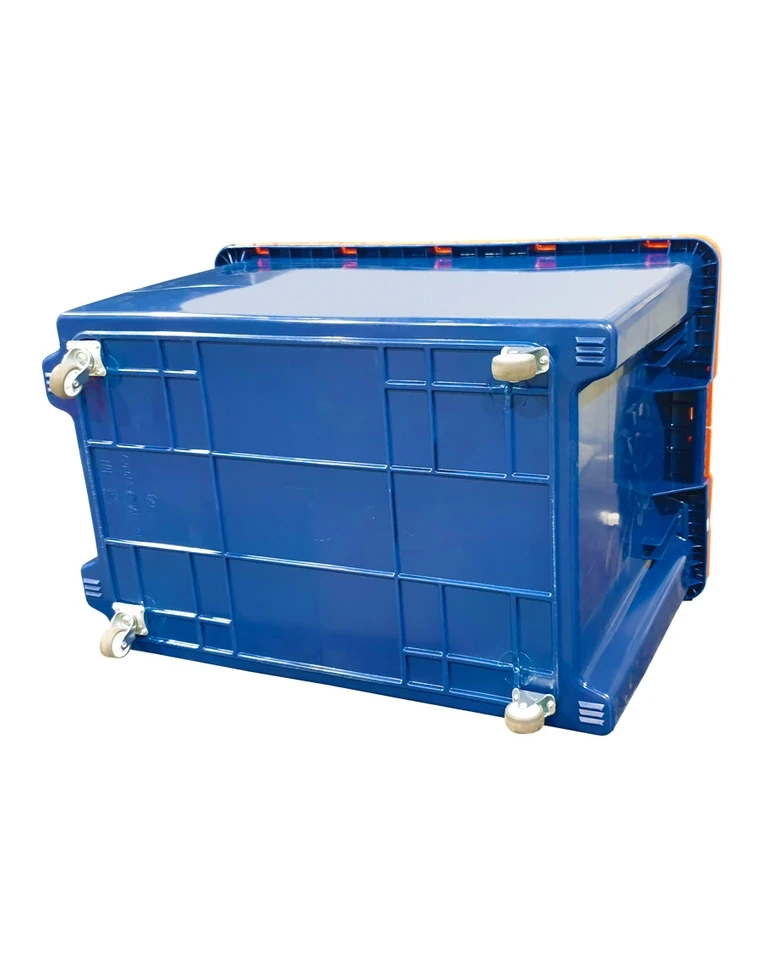 Ящик п/э 600х400х350 сплошной, Safe PRO цв. синий с оранжевой крышкой на колесах
