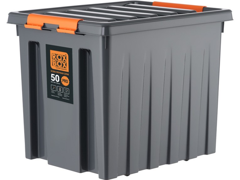 Контейнер особопрочный Rox Box PRO 50 (500х390х390 мм с крышкой и клипсами, на роликах, антрацит) купить в Ростове-на-Дону